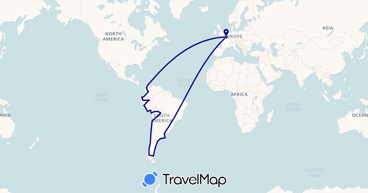 TravelMap itinerary: driving in Argentina, Bolivia, Chile, Colombia, Ecuador, France, Peru (Europe, South America)